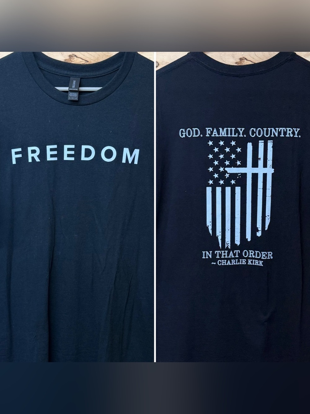 Gildan Black Tee with Light Blue "FREEDOM" and Patriotic Back Graphic